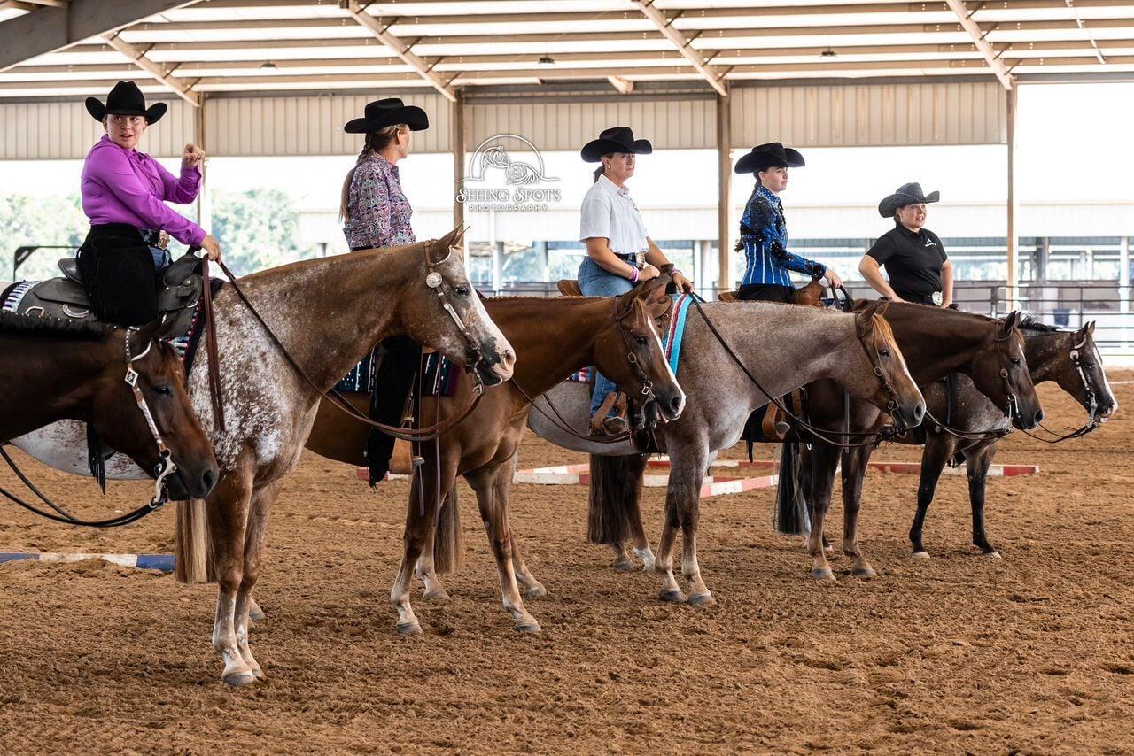 A lineup of horses and riders in the covered arena