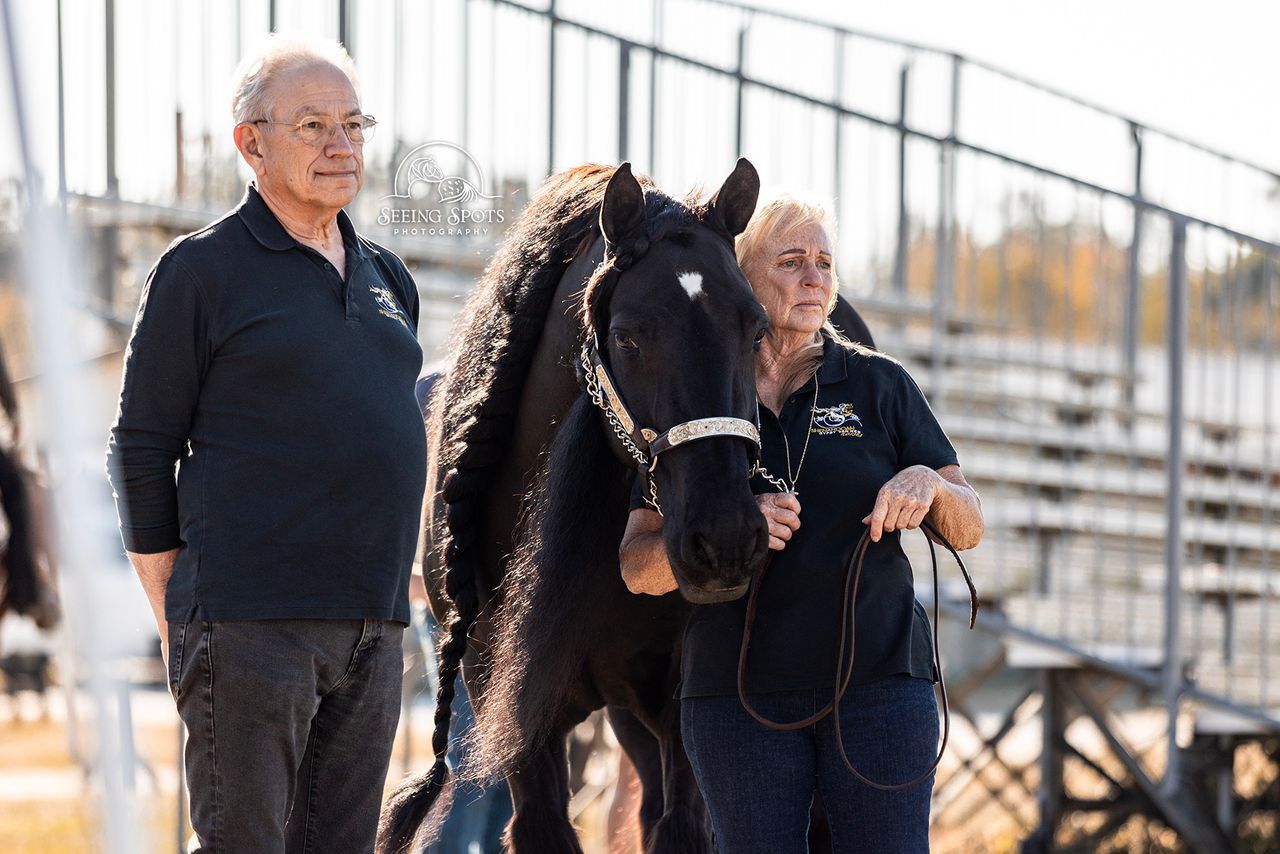 Two exhibitors standing beside a black horse